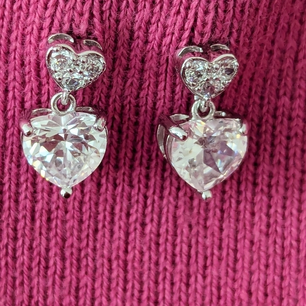 ♥️ Cubic Zirconia Two hearts rhinestone earrings posts Silvertone Valentine's